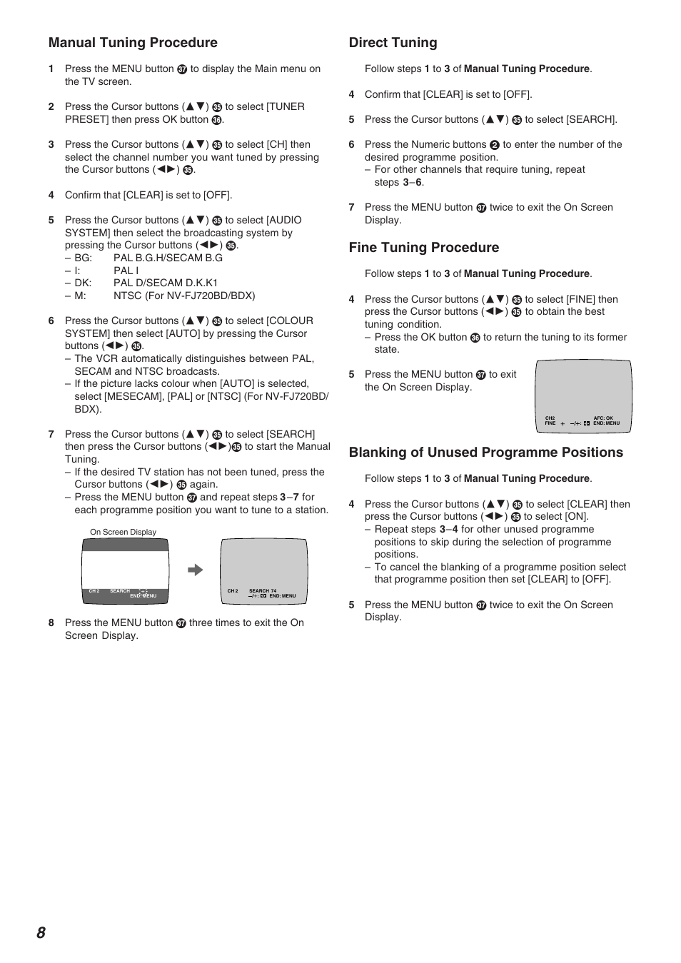 Manual tuning procedure, Direct tuning, Fine tuning procedure | Blanking of unused programme positions | Panasonic NV-FJ720 User Manual | Page 8 / 32