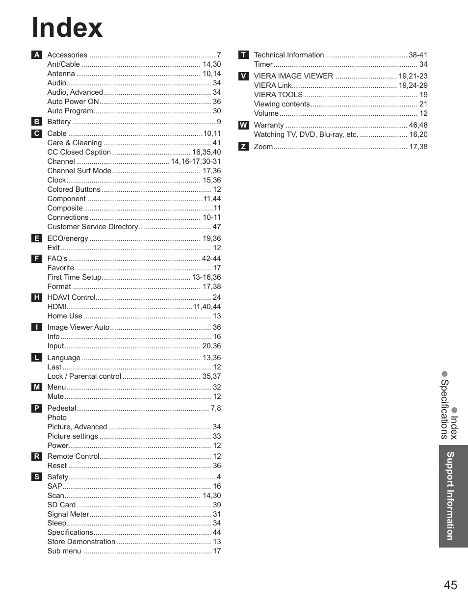 Index | Panasonic TC-42PX34 User Manual | Page 45 / 50