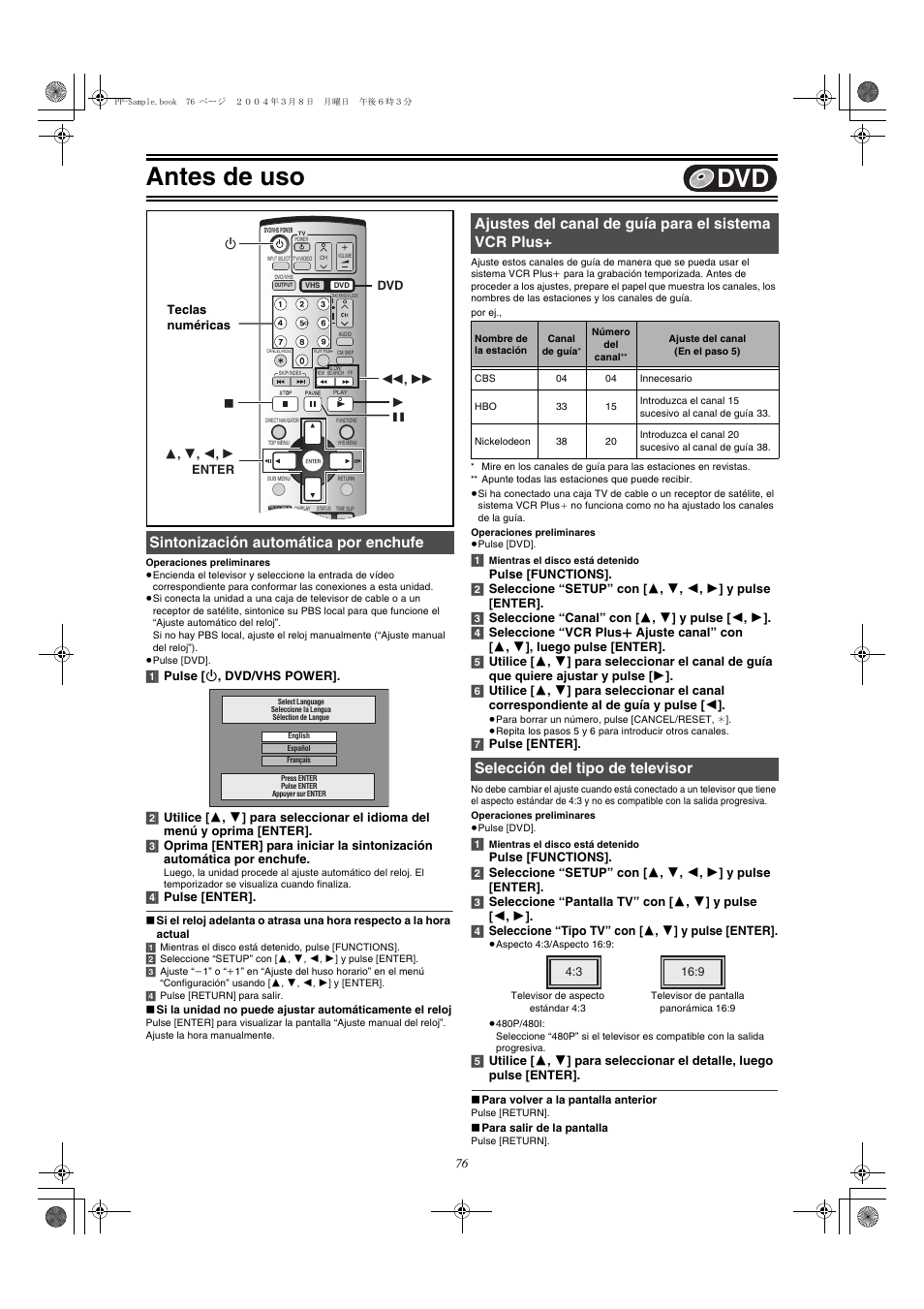 Sintonizacion automatica por enchufe, Ajustes del canal de guia para el sistema vcr plus, Seleccion del tipo de televisor | Dvd]]^^^^^^^^^^^^^^^^^^^^^^^^^^^^^^^^^^), Antes de uso, Sintonización automática por enchufe, Ajustes del canal de guía para el sistema vcr plus, Selección del tipo de televisor | Panasonic DMR-E75V User Manual | Page 76 / 84
