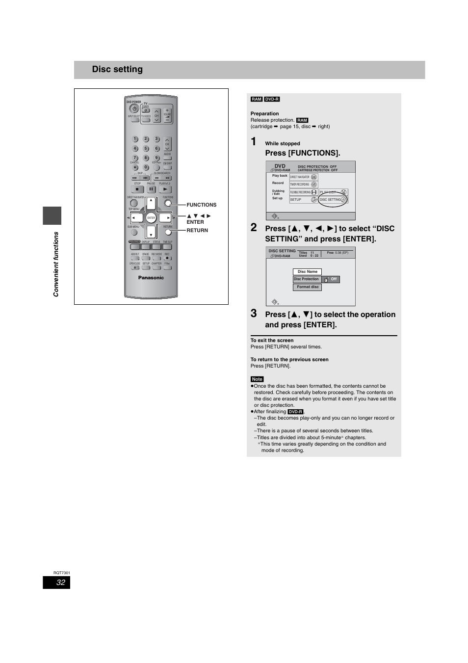 Finalizing a disc, Getting to the finalize screen, Convenient functions | Disc settings, Disc setting, Press [functions, Con ve n ient f unctions | Panasonic DMR-E55 User Manual | Page 32 / 61