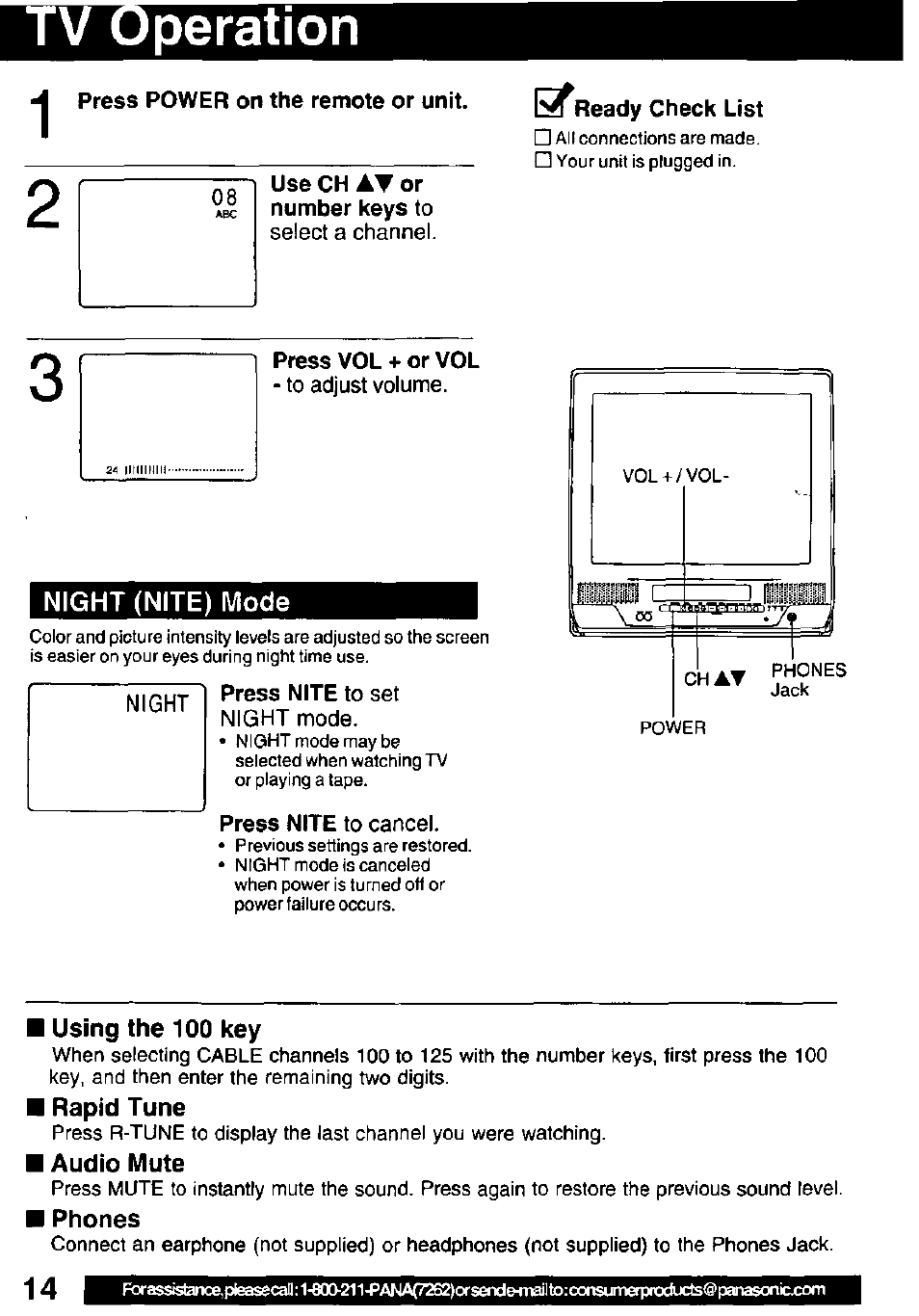 Tv operation, Press power on the remote or unit, Use ch at or number keys to | Press vol + or vol, Night (nite) mode, I using the 100 key, I rapid tune, Audio mute, Using the 100 key, Rapid tune | Panasonic PV C2032W User Manual | Page 14 / 40