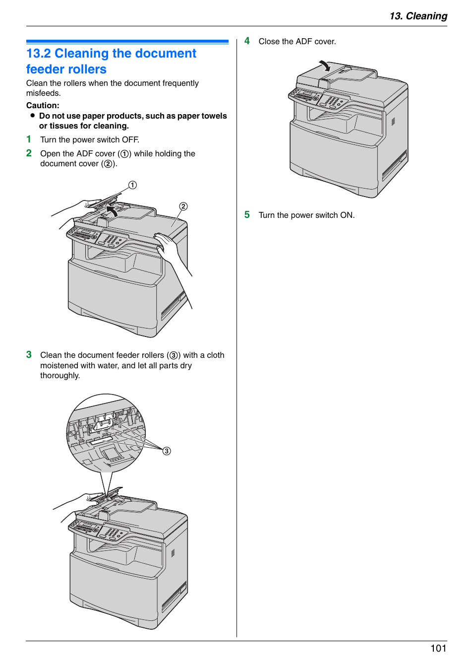 2 cleaning the document feeder rollers, Cleaning the document feeder rollers, 2 cleaning the document feeder rollers | Panasonic KX-MC6020 User Manual | Page 101 / 120
