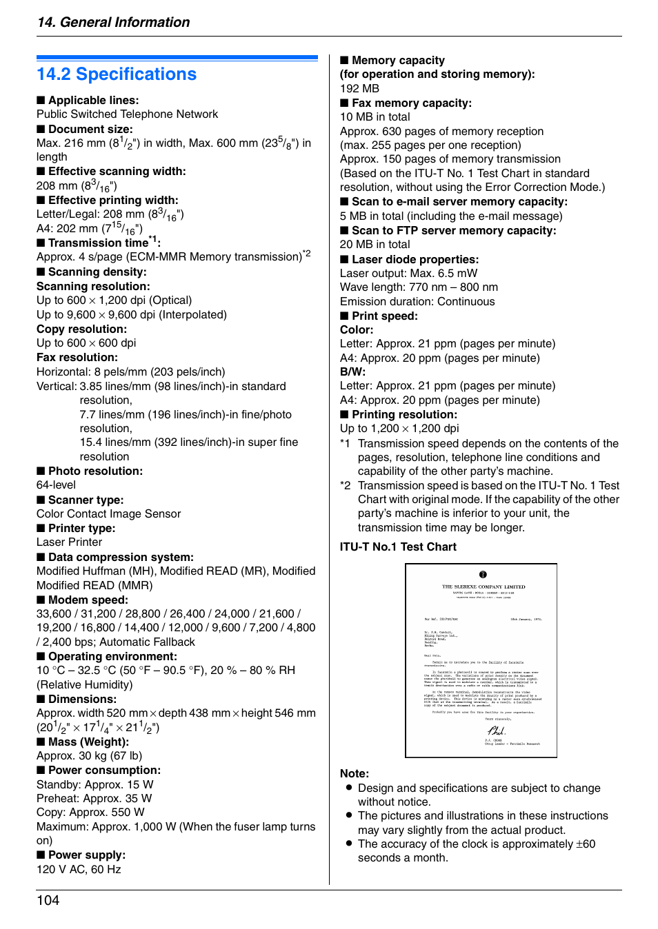 Specifications, 2 specifications, 2 specifications | General information 104 | Panasonic KX-MC6020 User Manual | Page 104 / 120
