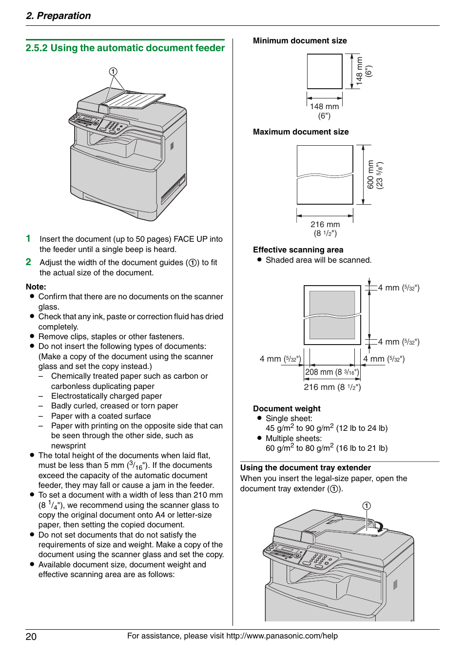 Preparation 20, 2 using the automatic document feeder 1 | Panasonic KX-MC6020 User Manual | Page 20 / 120