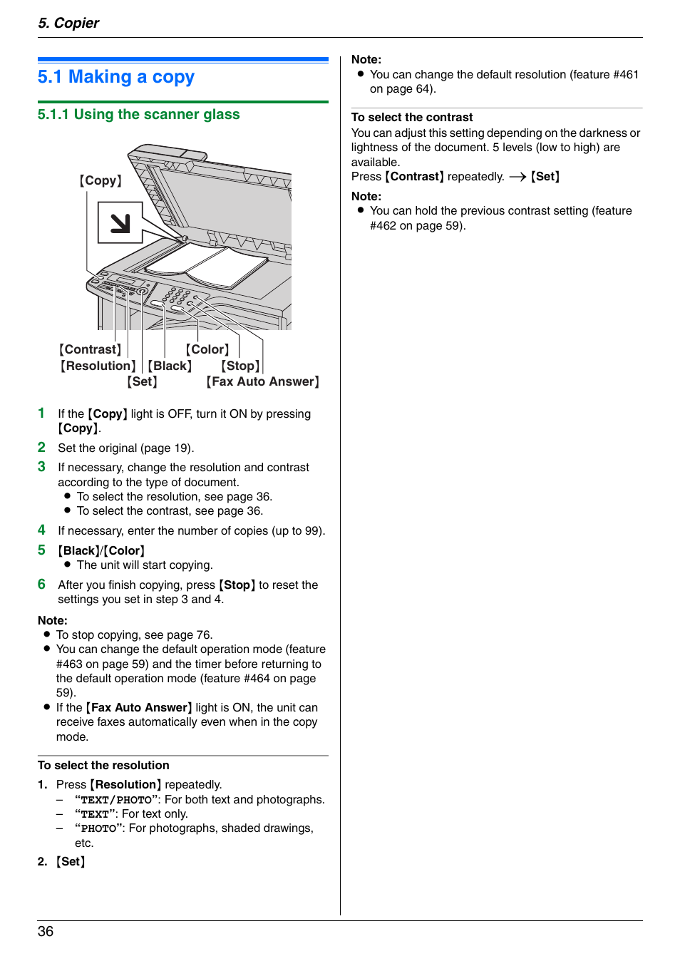 Copier, Copy, 1 making a copy | Making a copy, 1 making a copy, Copier 36, 1 using the scanner glass 1 | Panasonic KX-MC6020 User Manual | Page 36 / 120