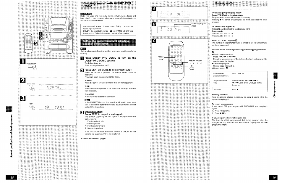 Q press center mode to select “normal, Press test to output a test signal, Enjoying sound with 0olby pro logic | Panasonic SCAK75 User Manual | Page 30 / 48