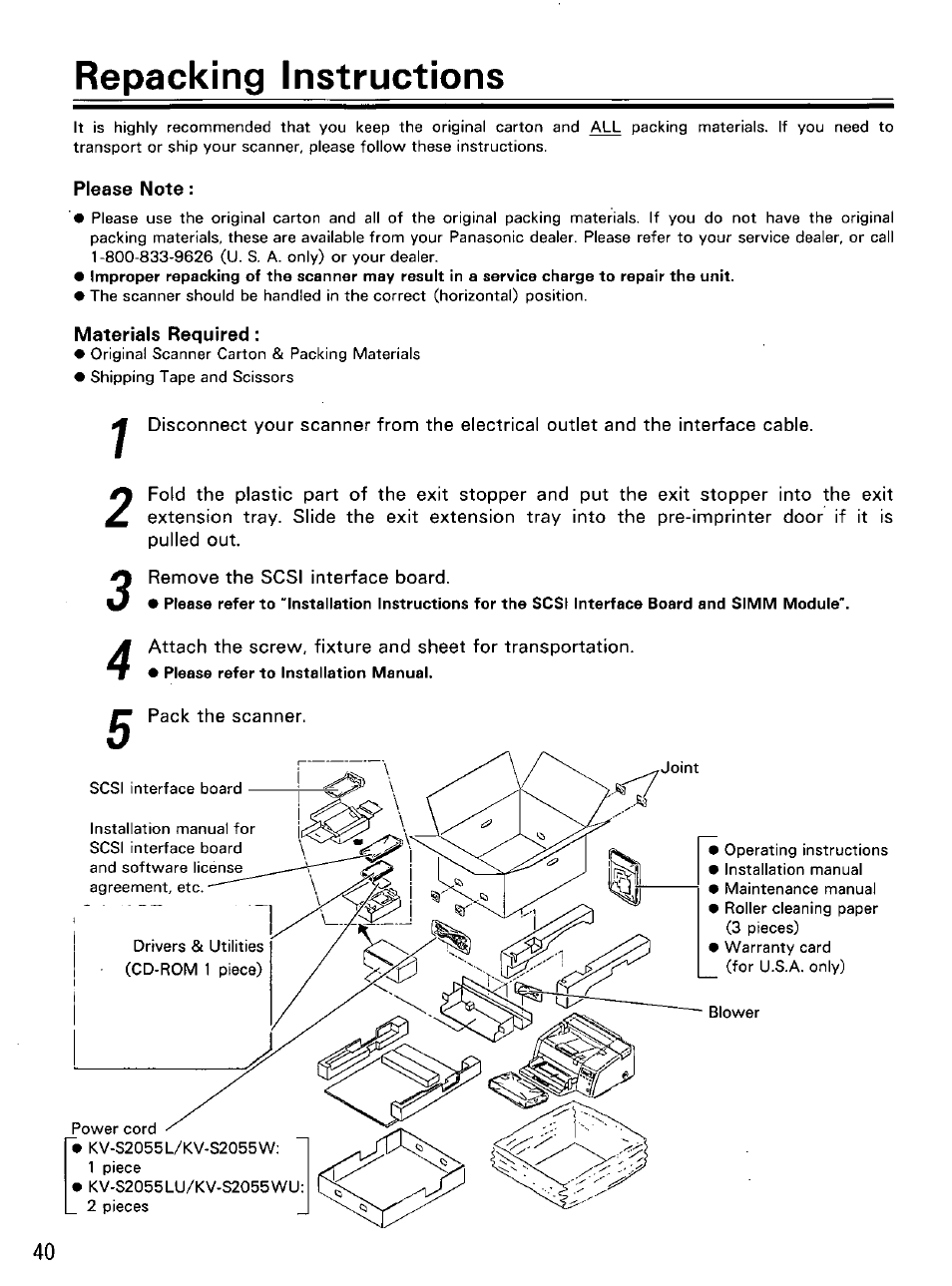 Remove the scsi interface board, Pack the scanner, Repacking instructions | Panasonic KVS2055L User Manual | Page 40 / 48