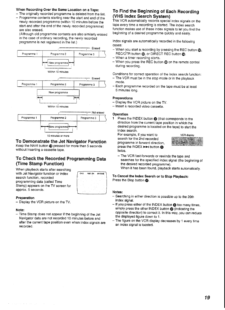 When recording over the same location on a tape, To demonstrate the jet navigator function, Preparation | Note, Preparations, Operation, To cancel the index search or to stop playback, Notes | Panasonic NV-SJ230A User Manual | Page 19 / 22