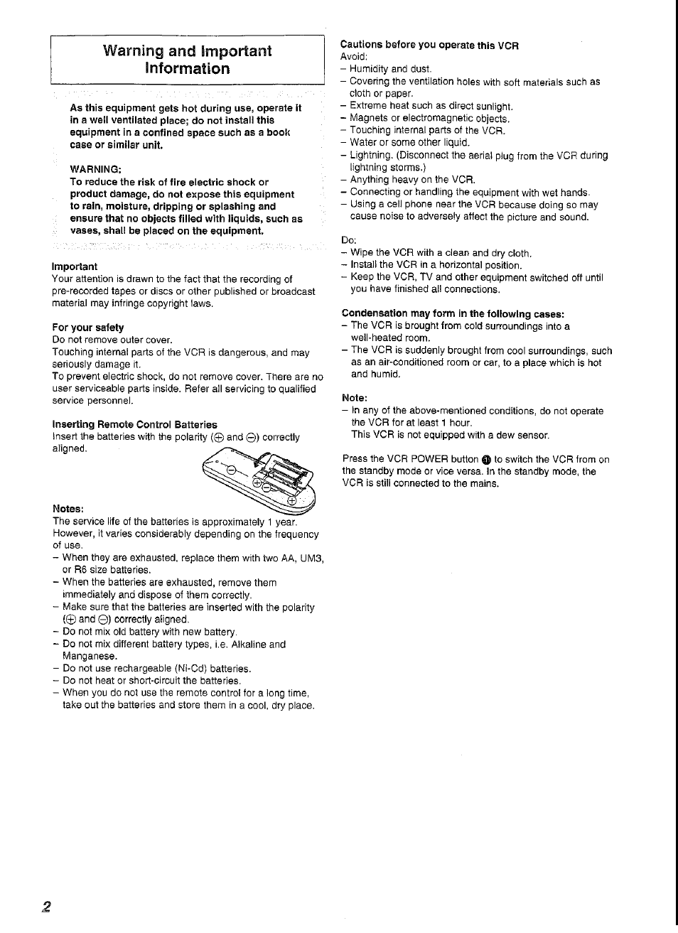 Warning, Important, For your safety | Inserting remote control batteries, Notes, Cautions before you operate this vcr, Condensation may form in the following cases, Note, Warning and ¡mportaní information | Panasonic NV-SJ230A User Manual | Page 2 / 22