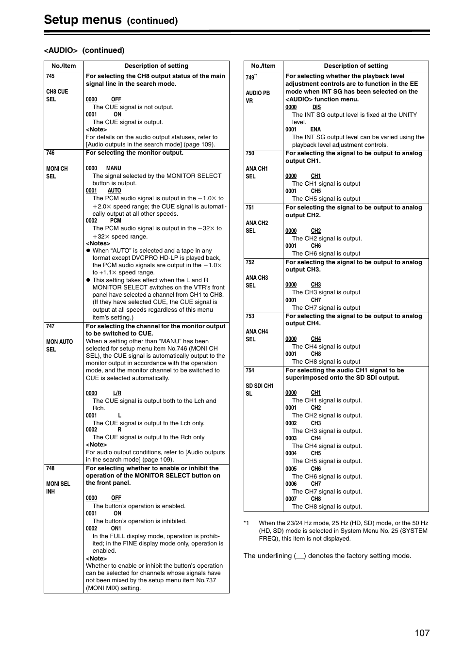 Setup menus, Continued) | Panasonic AJ-HD1800P User Manual | Page 107 / 142