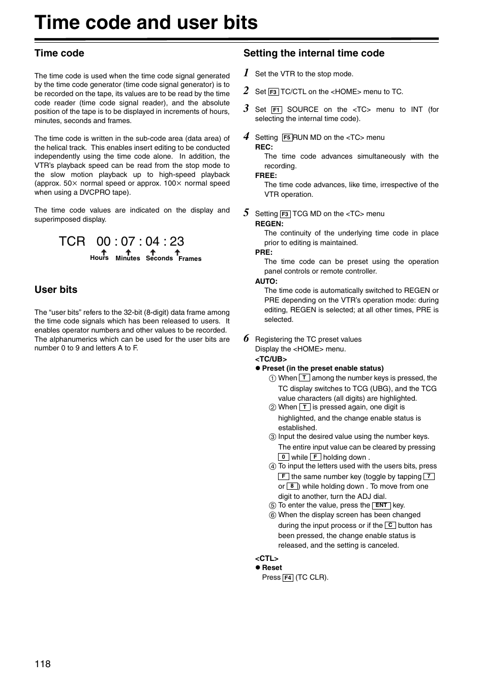 Time code and user bits, Time code, User bits | Setting the internal time code, Time code user bits setting the internal time code | Panasonic AJ-HD1800P User Manual | Page 118 / 142