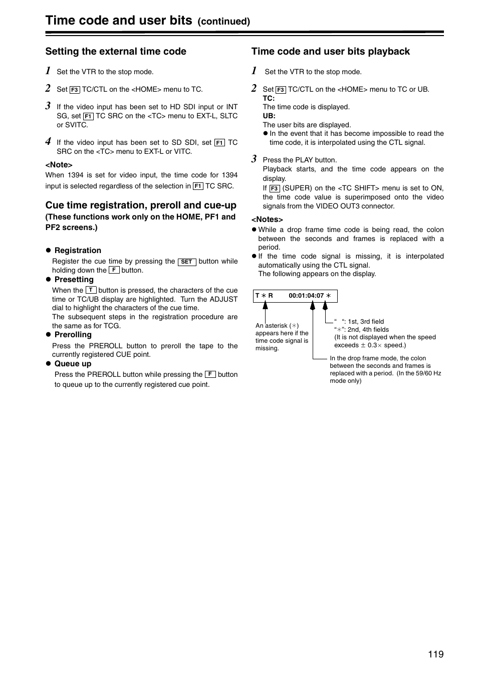 Setting the external time code, Cue time registration, preroll and cue-up, Time code and user bits playback | Time code and user bits, Continued) setting the external time code | Panasonic AJ-HD1800P User Manual | Page 119 / 142