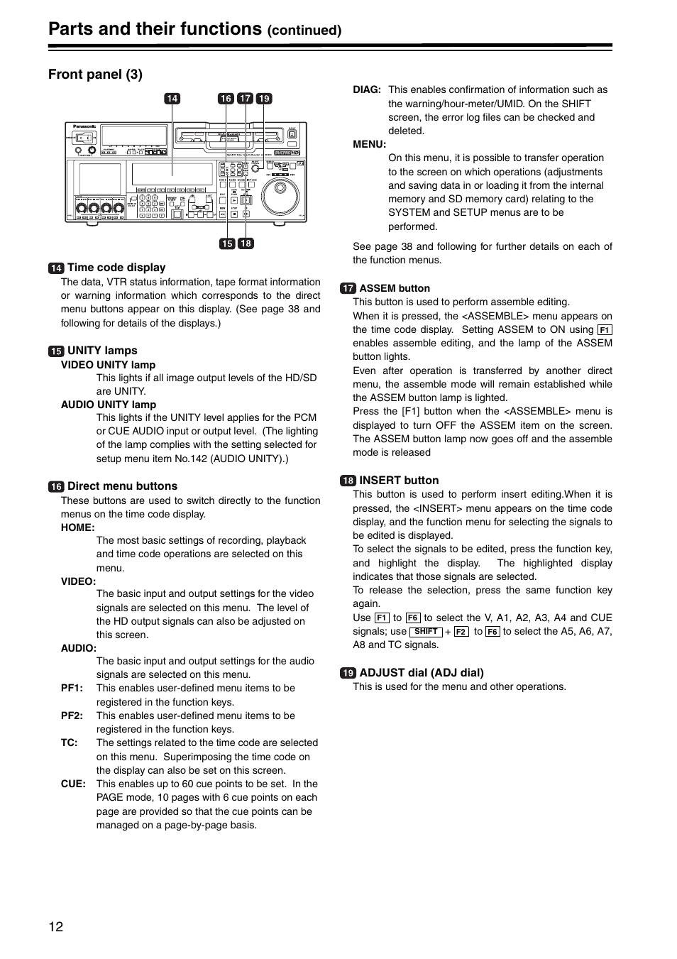 Front panel (3), Parts and their functions, Continued) front panel (3) | Panasonic AJ-HD1800P User Manual | Page 12 / 142