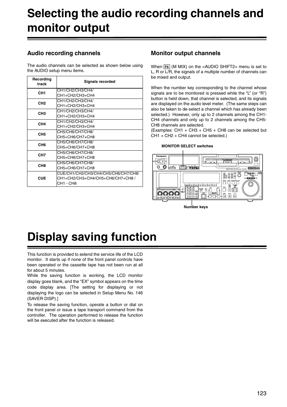 Audio recording channels, Monitor output channels, Display saving function | Audio recording channels monitor output channels | Panasonic AJ-HD1800P User Manual | Page 123 / 142