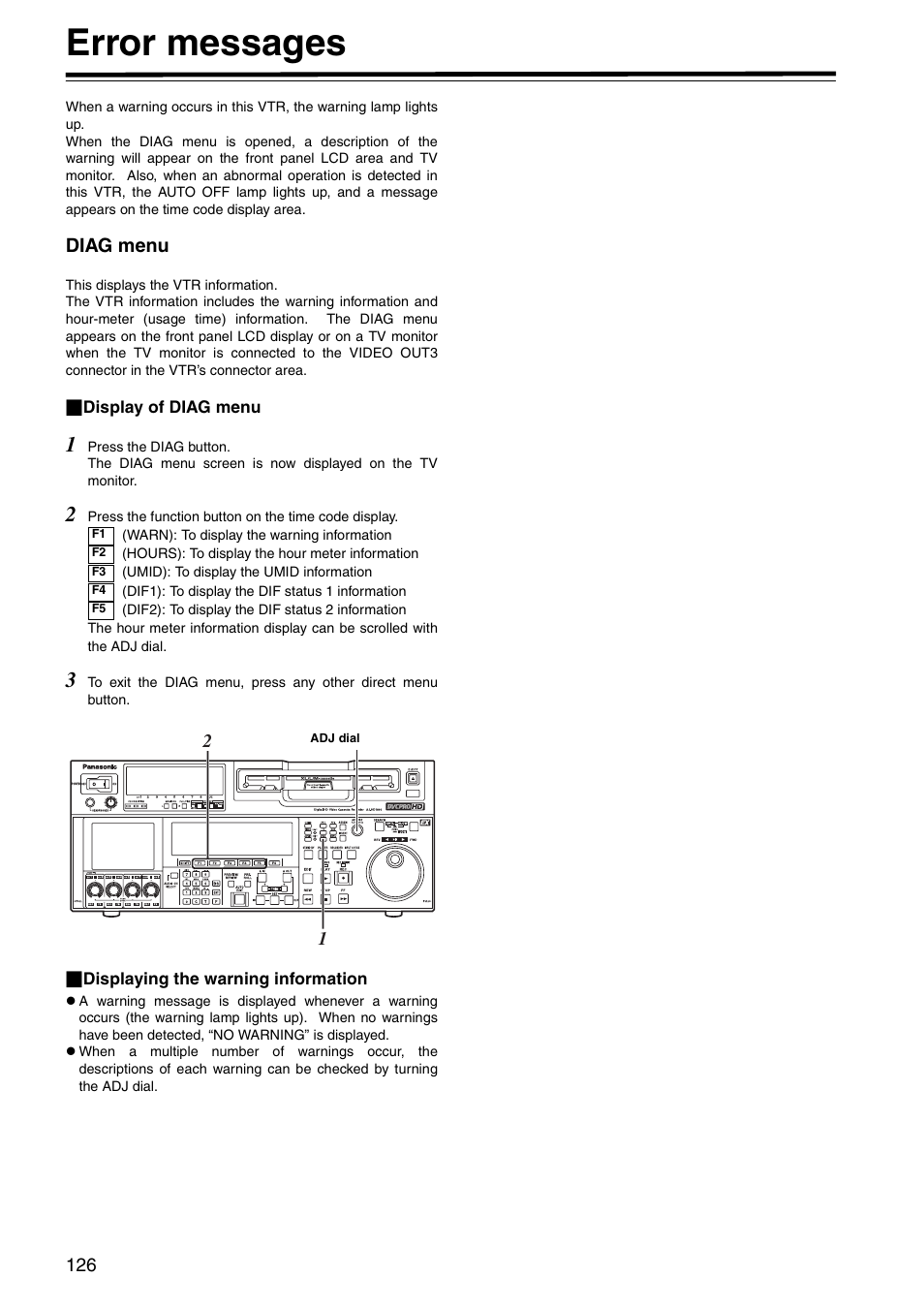 Error messages, Diag menu | Panasonic AJ-HD1800P User Manual | Page 126 / 142