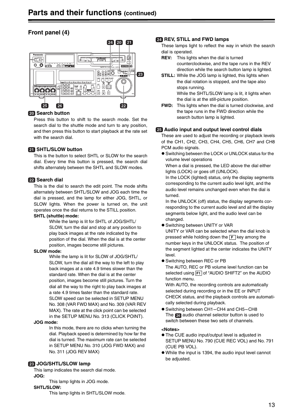 Front panel (4), Parts and their functions, Continued) front panel (4) | Panasonic AJ-HD1800P User Manual | Page 13 / 142