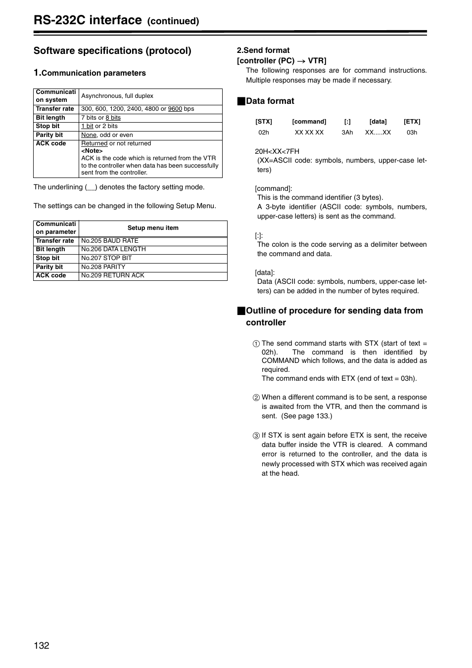 Software specifications (protocol), Rs-232c interface, Continued) software specifications (protocol) 1 | Panasonic AJ-HD1800P User Manual | Page 132 / 142