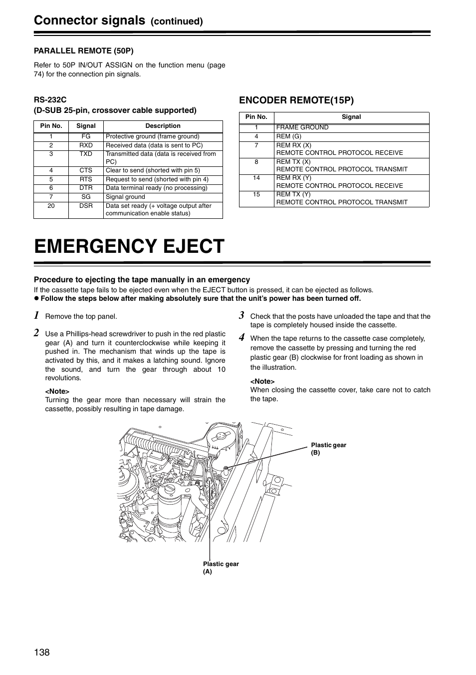 Emergency eject, Connector signals, Continued) | Encoder remote(15p) | Panasonic AJ-HD1800P User Manual | Page 138 / 142