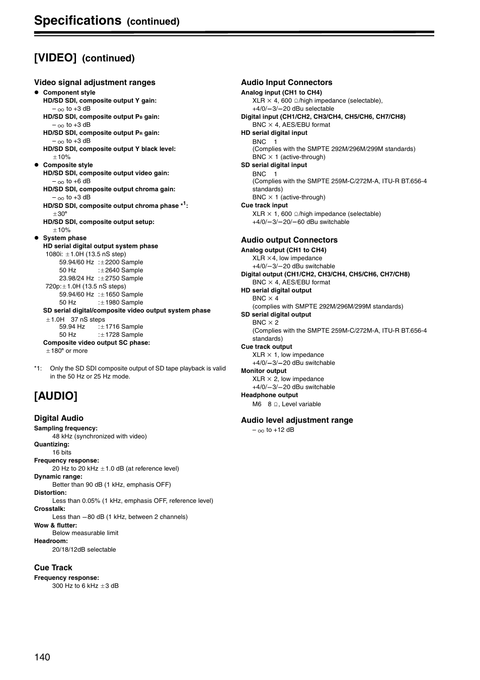 Specifications, Video, Audio | Continued) | Panasonic AJ-HD1800P User Manual | Page 140 / 142