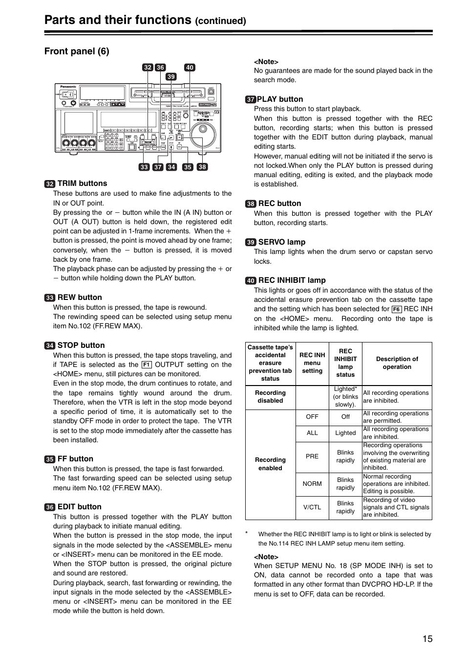 Front panel (6), Parts and their functions, Continued) front panel (6) | Panasonic AJ-HD1800P User Manual | Page 15 / 142