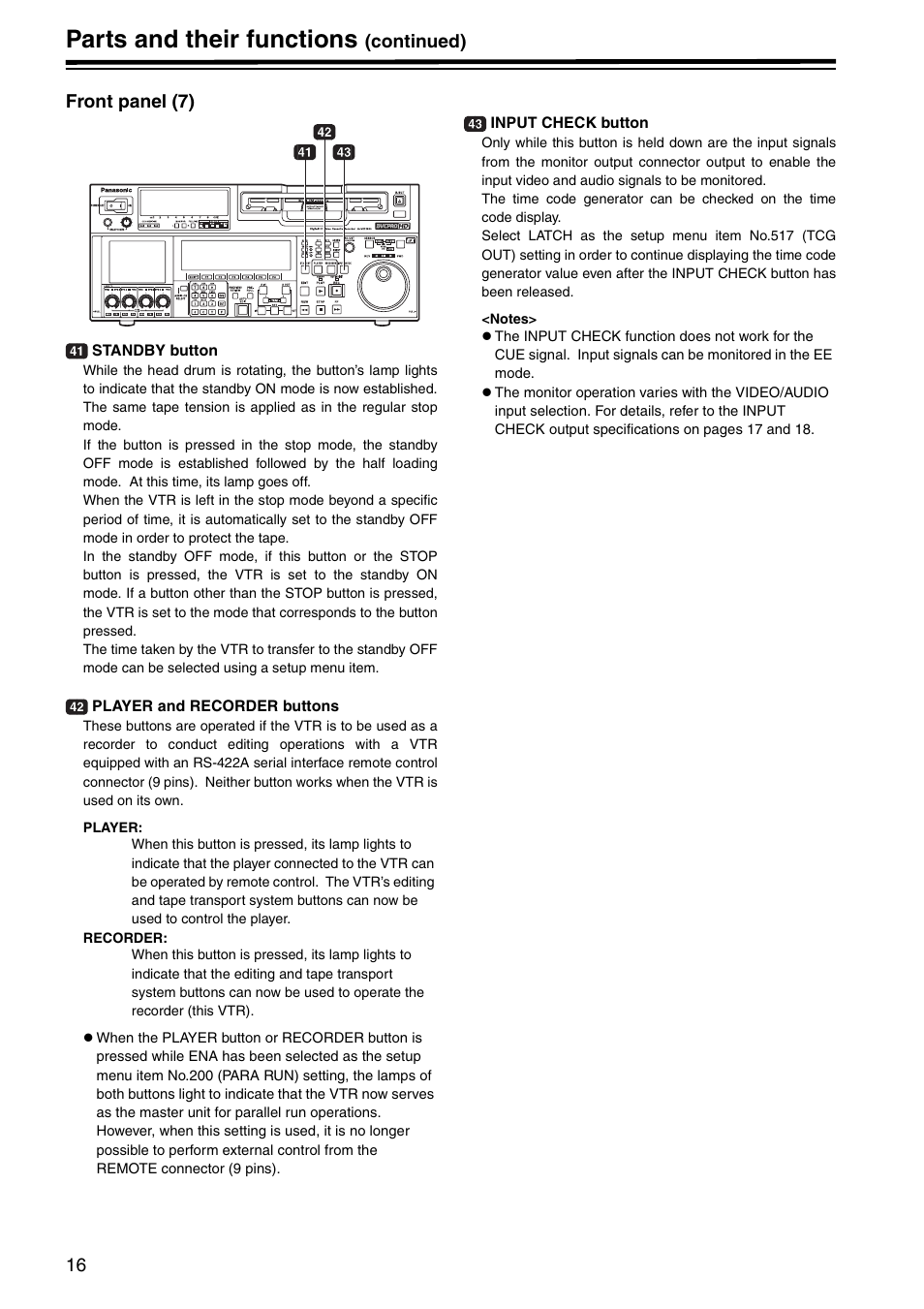 Front panel (7), Parts and their functions, Continued) front panel (7) | Panasonic AJ-HD1800P User Manual | Page 16 / 142