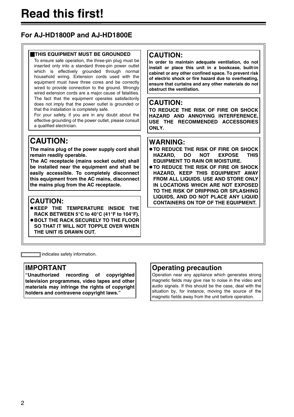 Read this first, Warning, Caution | Important, Operating precaution | Panasonic AJ-HD1800P User Manual | Page 2 / 142