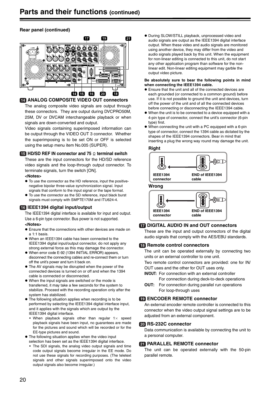 Parts and their functions, Continued) | Panasonic AJ-HD1800P User Manual | Page 20 / 142