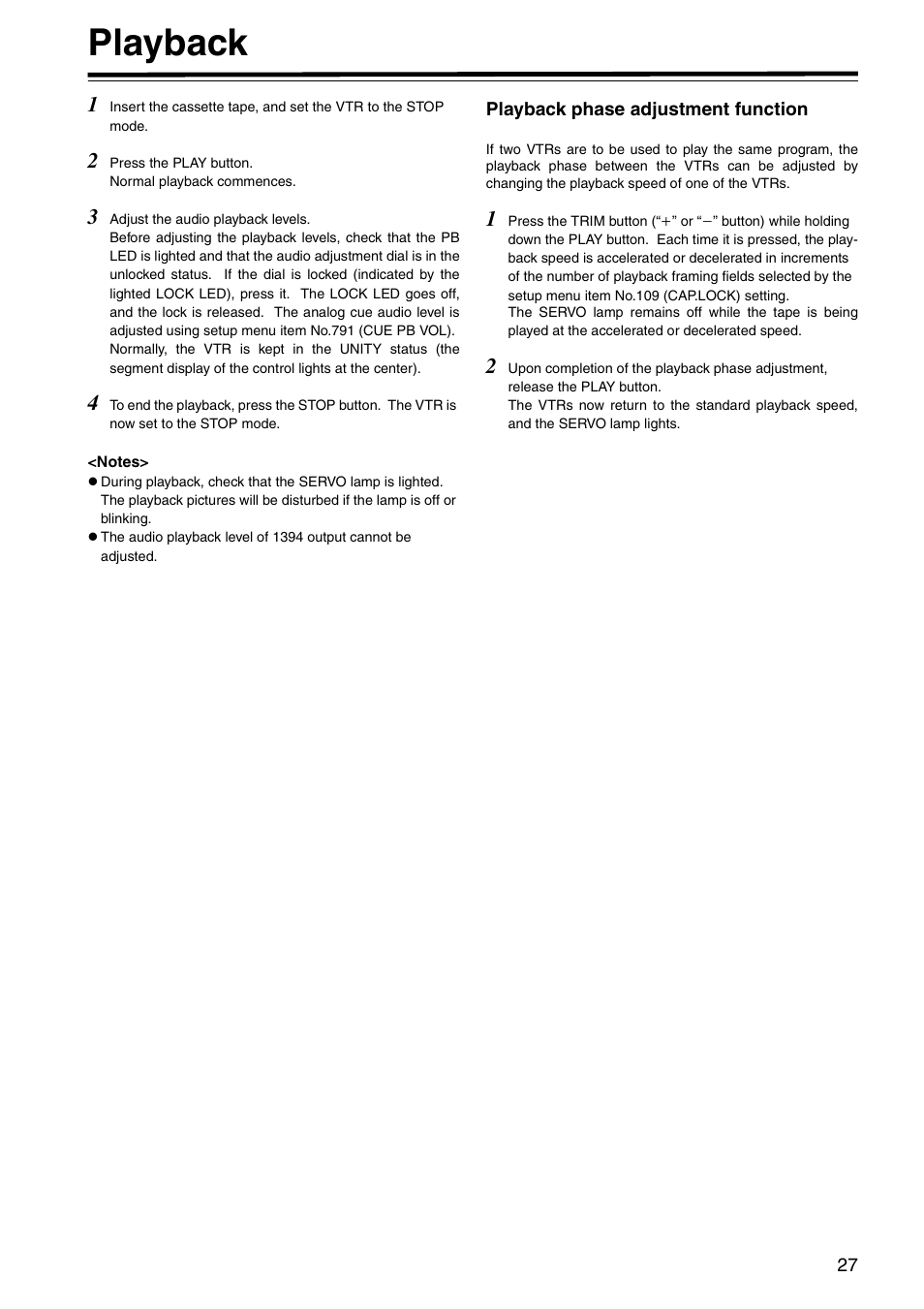 Playback, Playback phase adjustment function | Panasonic AJ-HD1800P User Manual | Page 27 / 142