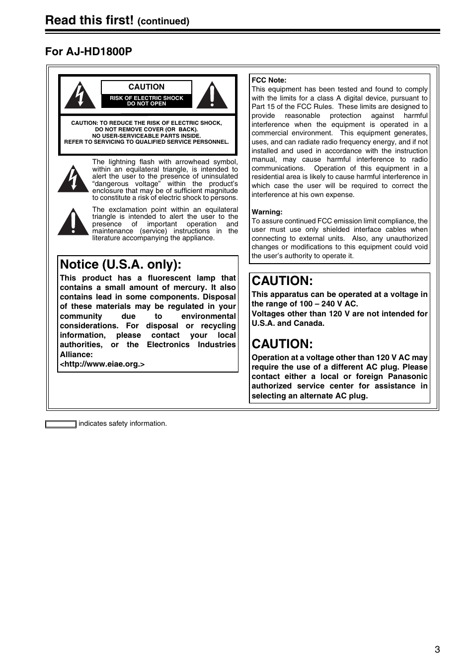 Read this first, Notice (u.s.a. only), Caution | For aj-hd1800p | Panasonic AJ-HD1800P User Manual | Page 3 / 142