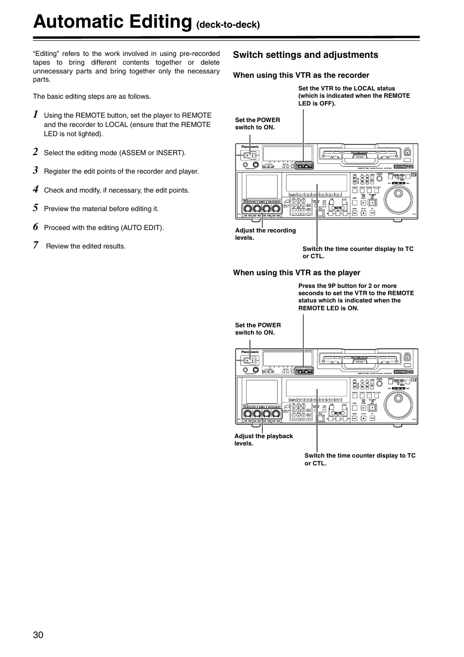 Automatic editing (deck-to-deck), Switch settings and adjustments, Automatic editing | Panasonic AJ-HD1800P User Manual | Page 30 / 142