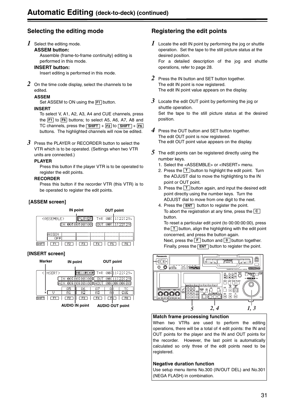 Selecting the editing mode, Registering the edit points, Automatic editing | Panasonic AJ-HD1800P User Manual | Page 31 / 142