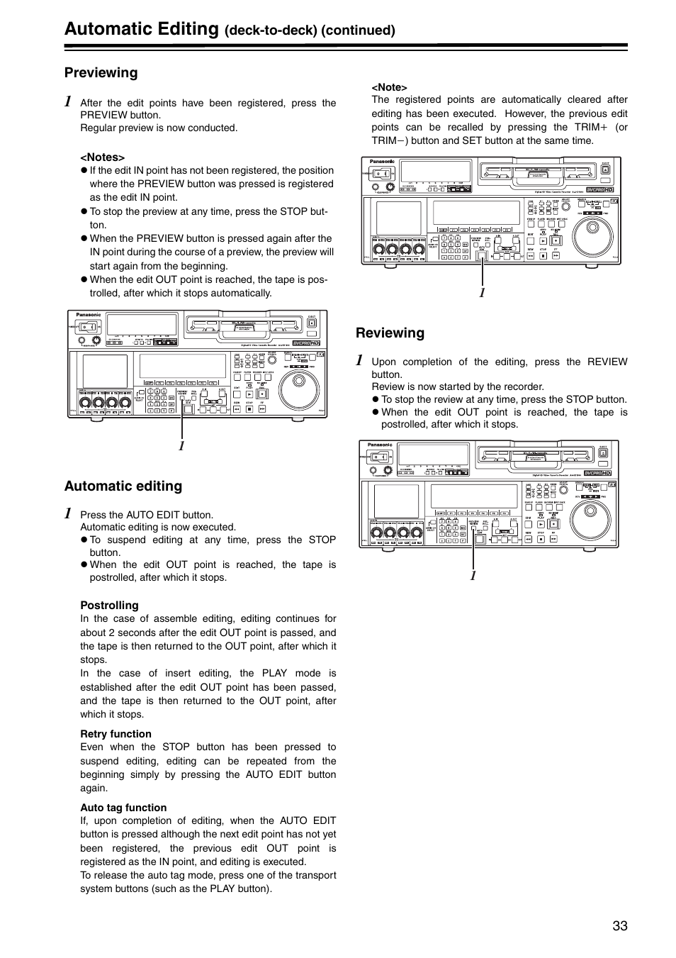 Previewing, Automatic editing, Reviewing | Previewing automatic editing reviewing | Panasonic AJ-HD1800P User Manual | Page 33 / 142