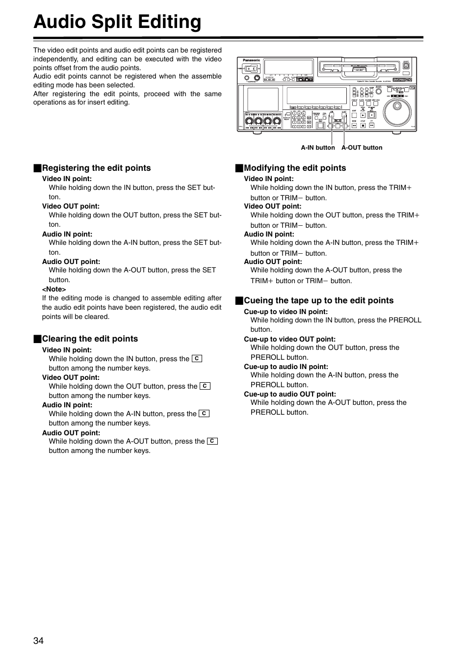 Audio split editing | Panasonic AJ-HD1800P User Manual | Page 34 / 142