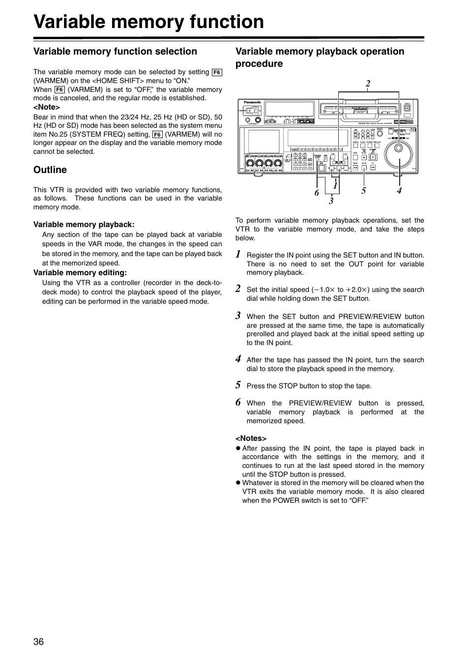 Variable memory function, Variable memory function selection, Outline | Variable memory playback operation procedure | Panasonic AJ-HD1800P User Manual | Page 36 / 142