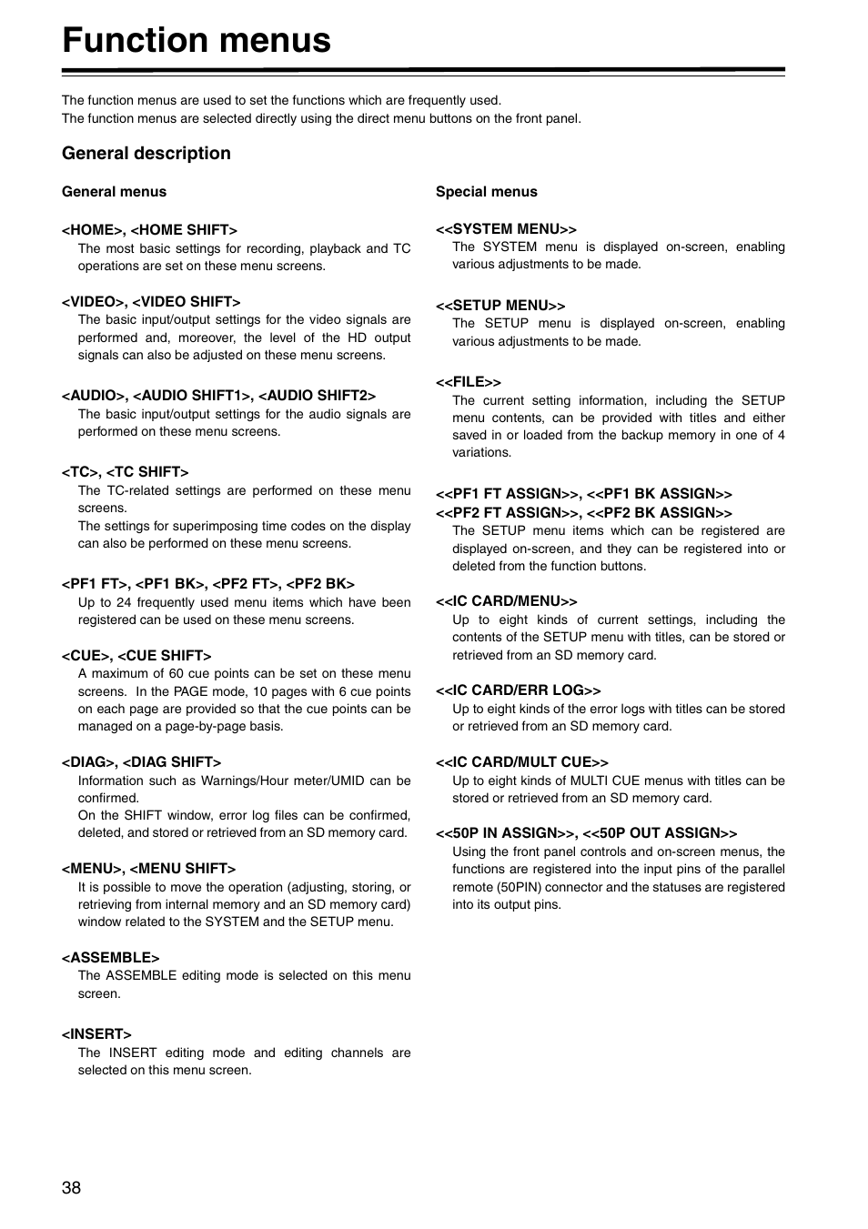 Function menus, General description | Panasonic AJ-HD1800P User Manual | Page 38 / 142