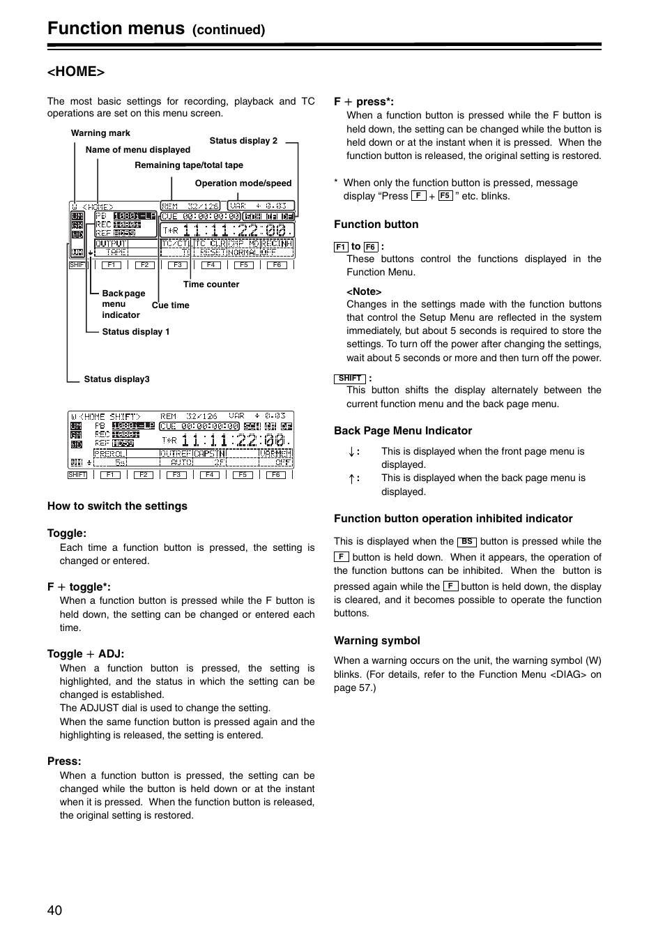 Home, Function menus, Continued) <home | Panasonic AJ-HD1800P User Manual | Page 40 / 142