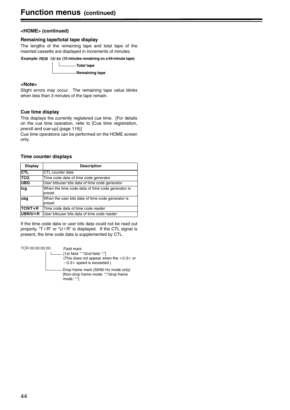 Function menus, Continued) | Panasonic AJ-HD1800P User Manual | Page 44 / 142