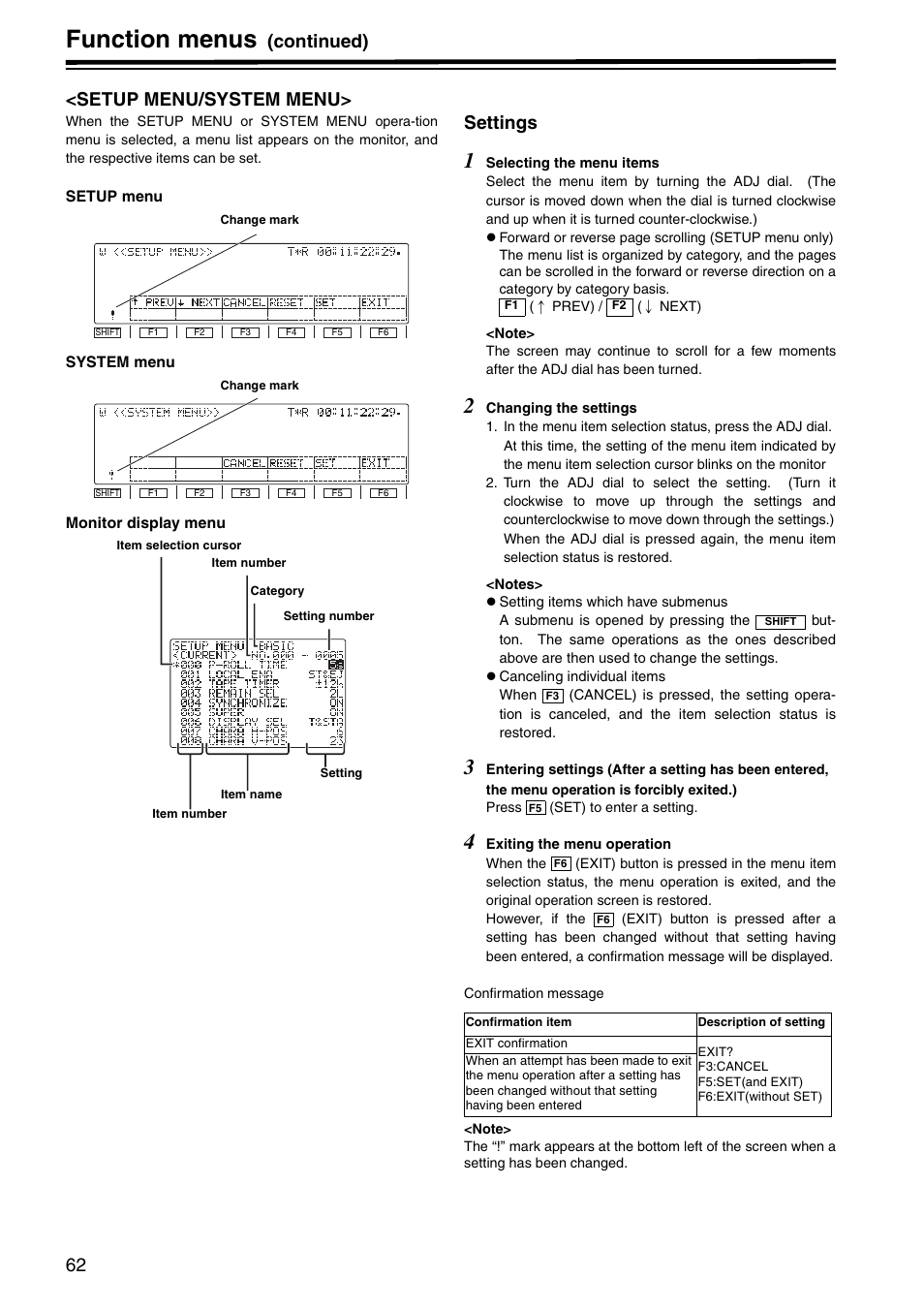 Setup menu/system menu, Function menus, Continued) <setup menu/system menu | Settings | Panasonic AJ-HD1800P User Manual | Page 62 / 142