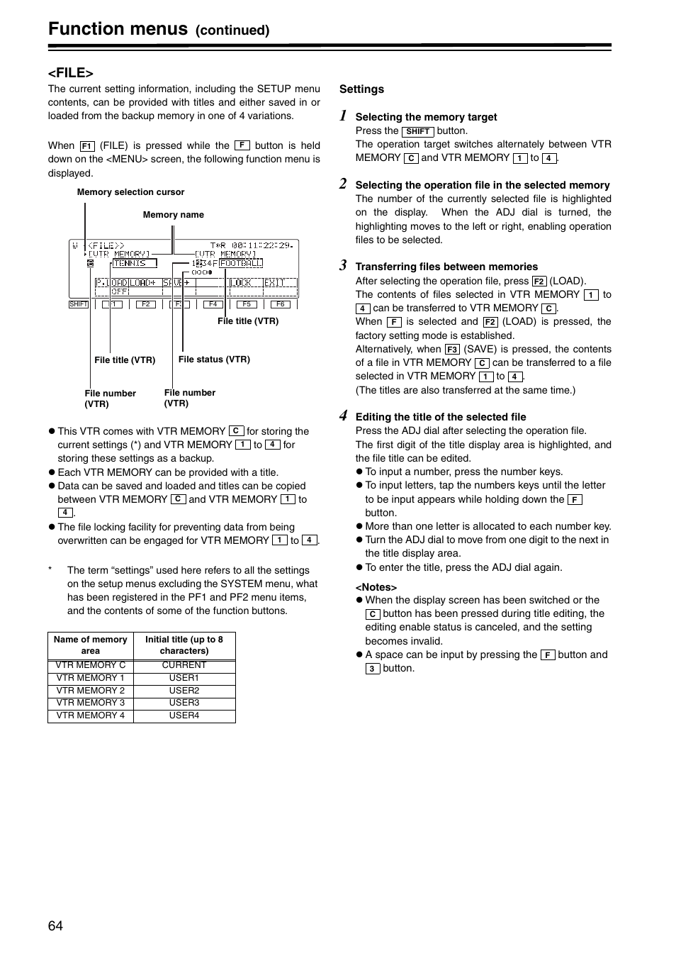 File, Function menus, Continued) <file | Panasonic AJ-HD1800P User Manual | Page 64 / 142