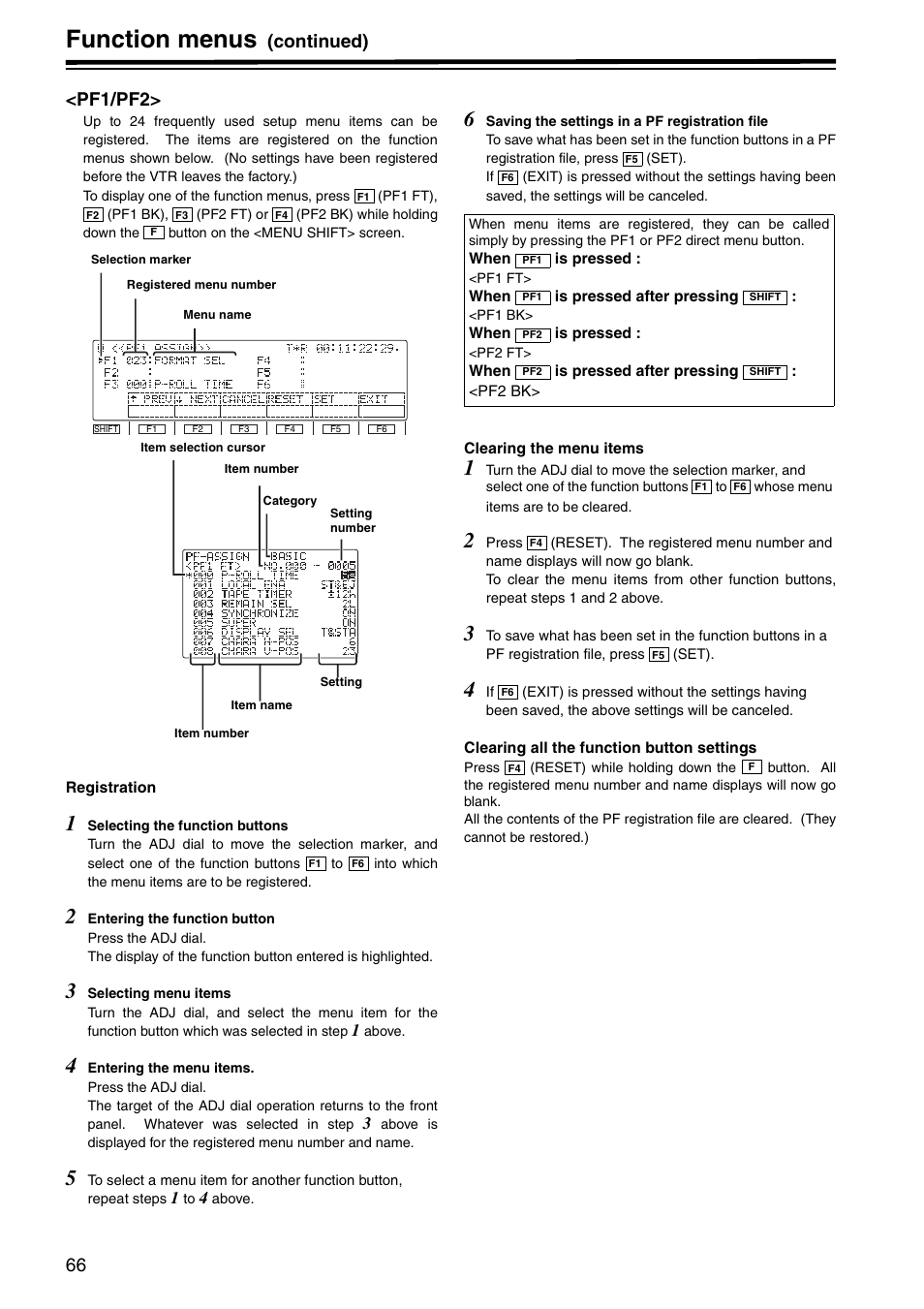 Pf1/pf2, Function menus, Continued) <pf1/pf2 | Panasonic AJ-HD1800P User Manual | Page 66 / 142