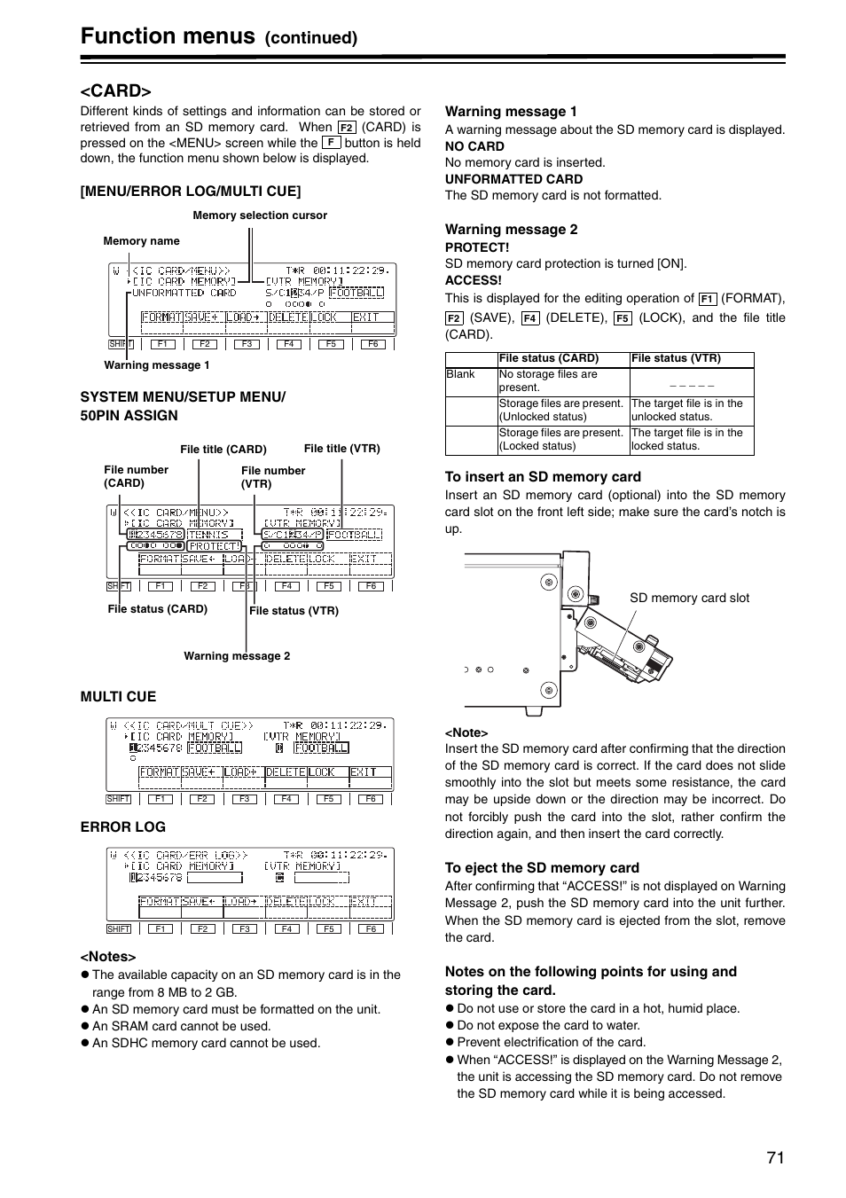 Card, Function menus, Continued) <card | Panasonic AJ-HD1800P User Manual | Page 71 / 142