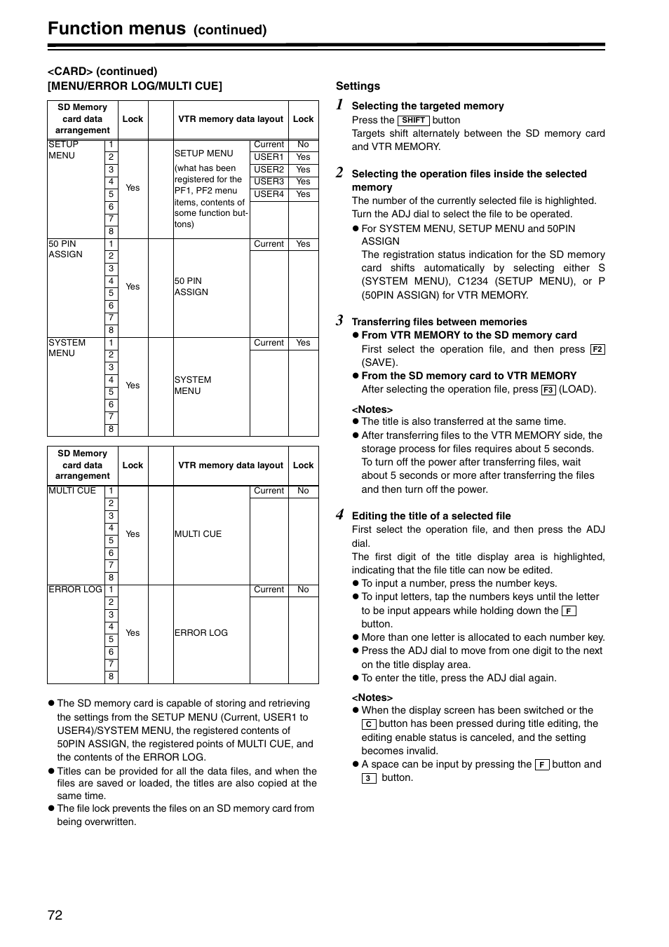 Function menus, Continued) | Panasonic AJ-HD1800P User Manual | Page 72 / 142