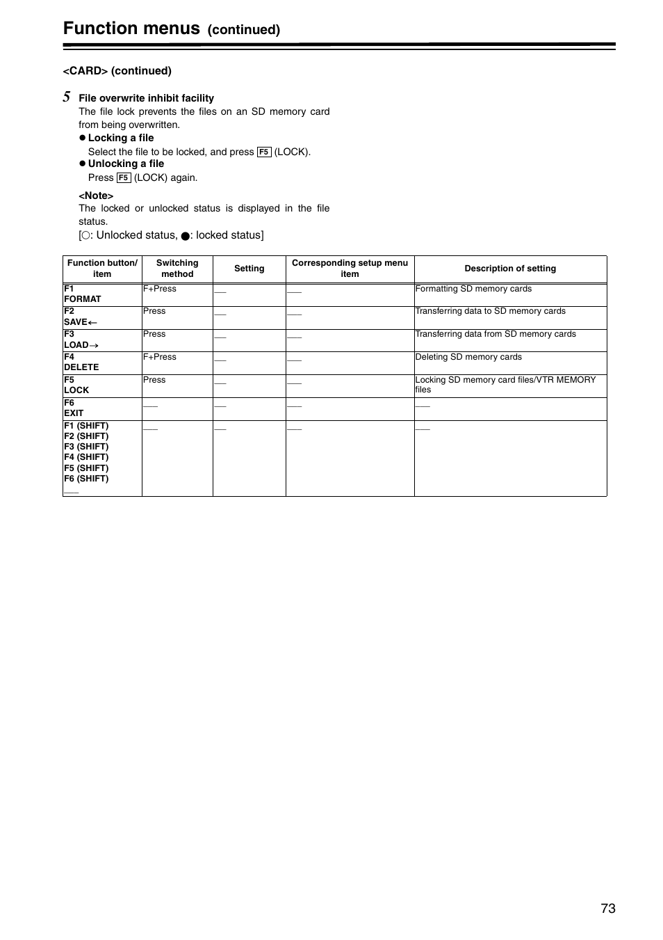 Function menus, Continued) | Panasonic AJ-HD1800P User Manual | Page 73 / 142