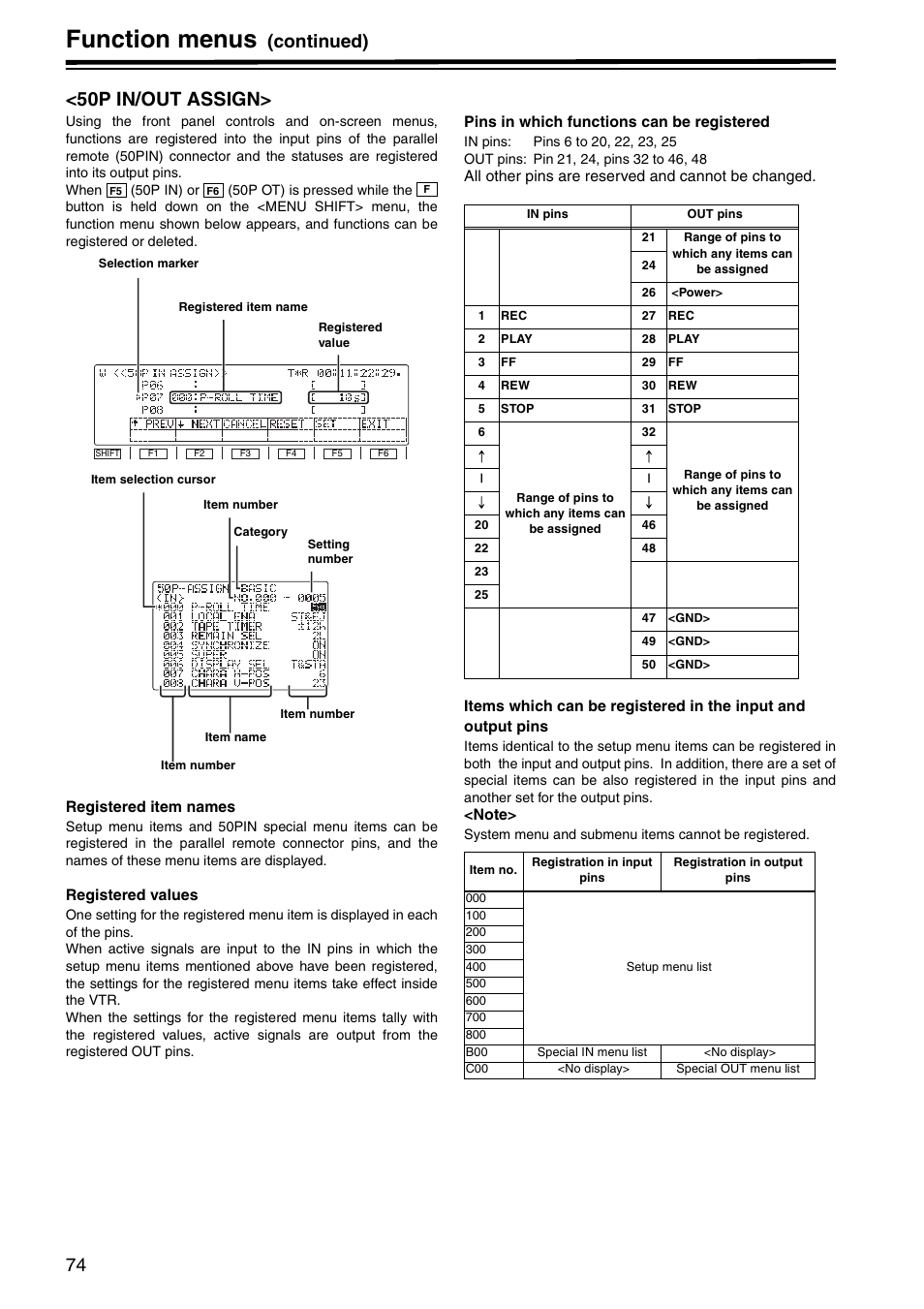 50p in/out assign, Function menus, Continued) <50p in/out assign | Panasonic AJ-HD1800P User Manual | Page 74 / 142