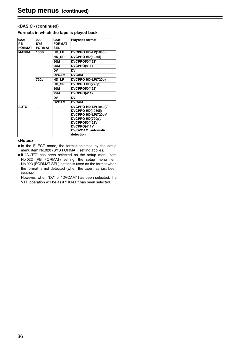 Setup menus, Continued) | Panasonic AJ-HD1800P User Manual | Page 86 / 142