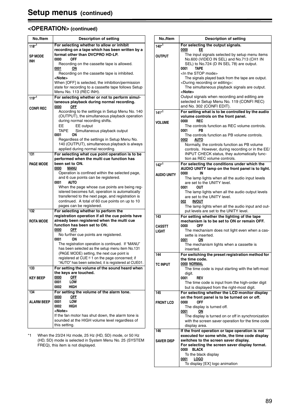 Setup menus, Continued) <operation | Panasonic AJ-HD1800P User Manual | Page 89 / 142