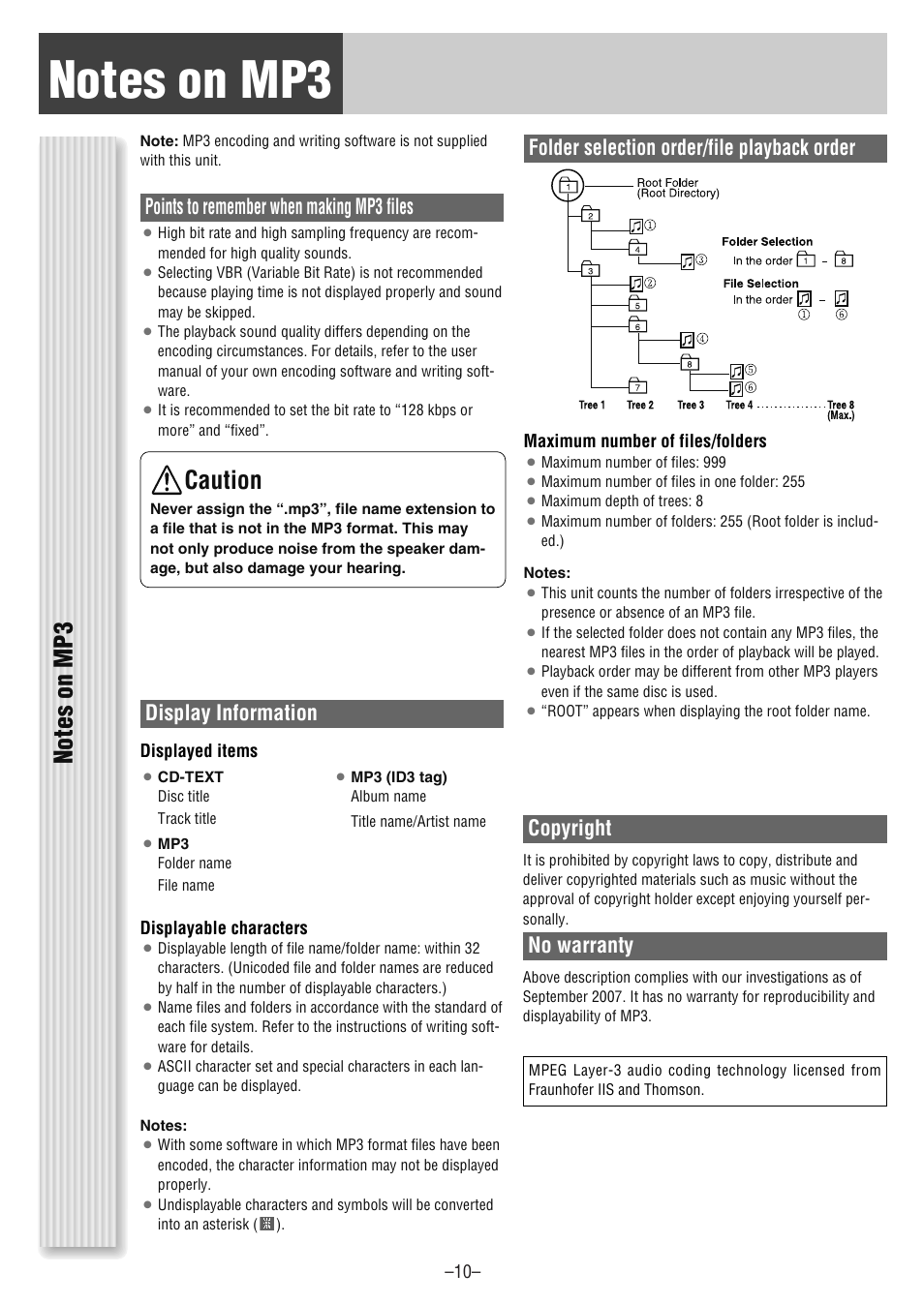 Caution, Points to remember when making mp3 files, Display information | Folder selection order/file playback order, Copyright, No warranty | Panasonic CQ-CM130U User Manual | Page 10 / 20