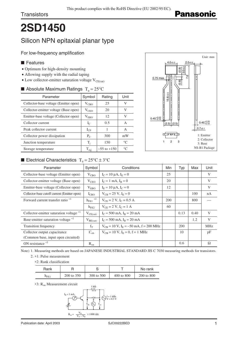 Panasonic 2SD1450 User Manual | 3 pages