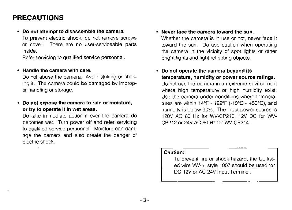 Precautions | Panasonic WV-CP214 User Manual | Page 5 / 22