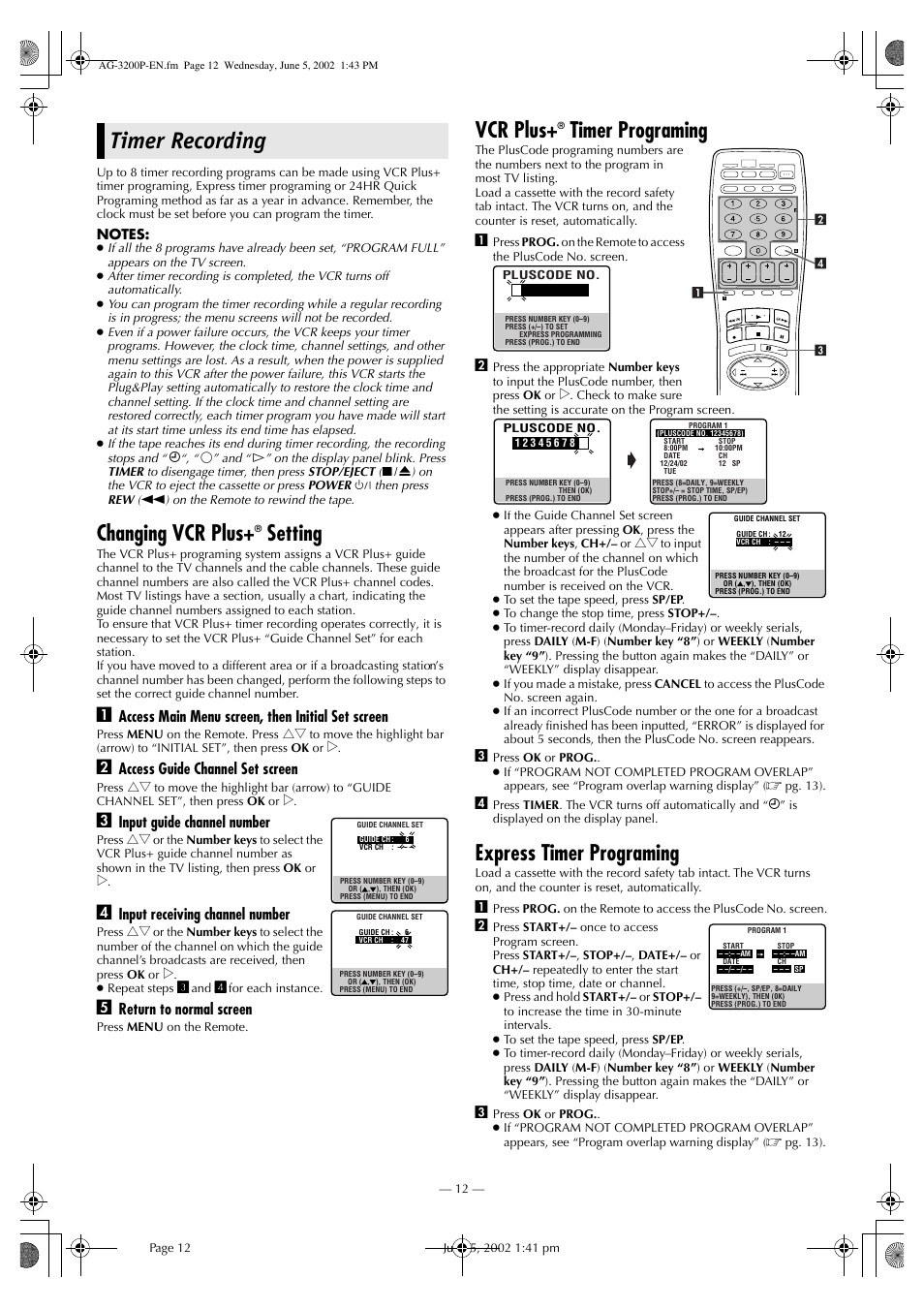 Timer recording, Changing vcr plus+ setting, Vcr plus+ timer programming | Express timer programming, Changing vcr plus, Setting, Vcr plus, Timer programing, Express timer programing, Access main menu screen, then initial set screen | Panasonic AG-3200P User Manual | Page 12 / 24